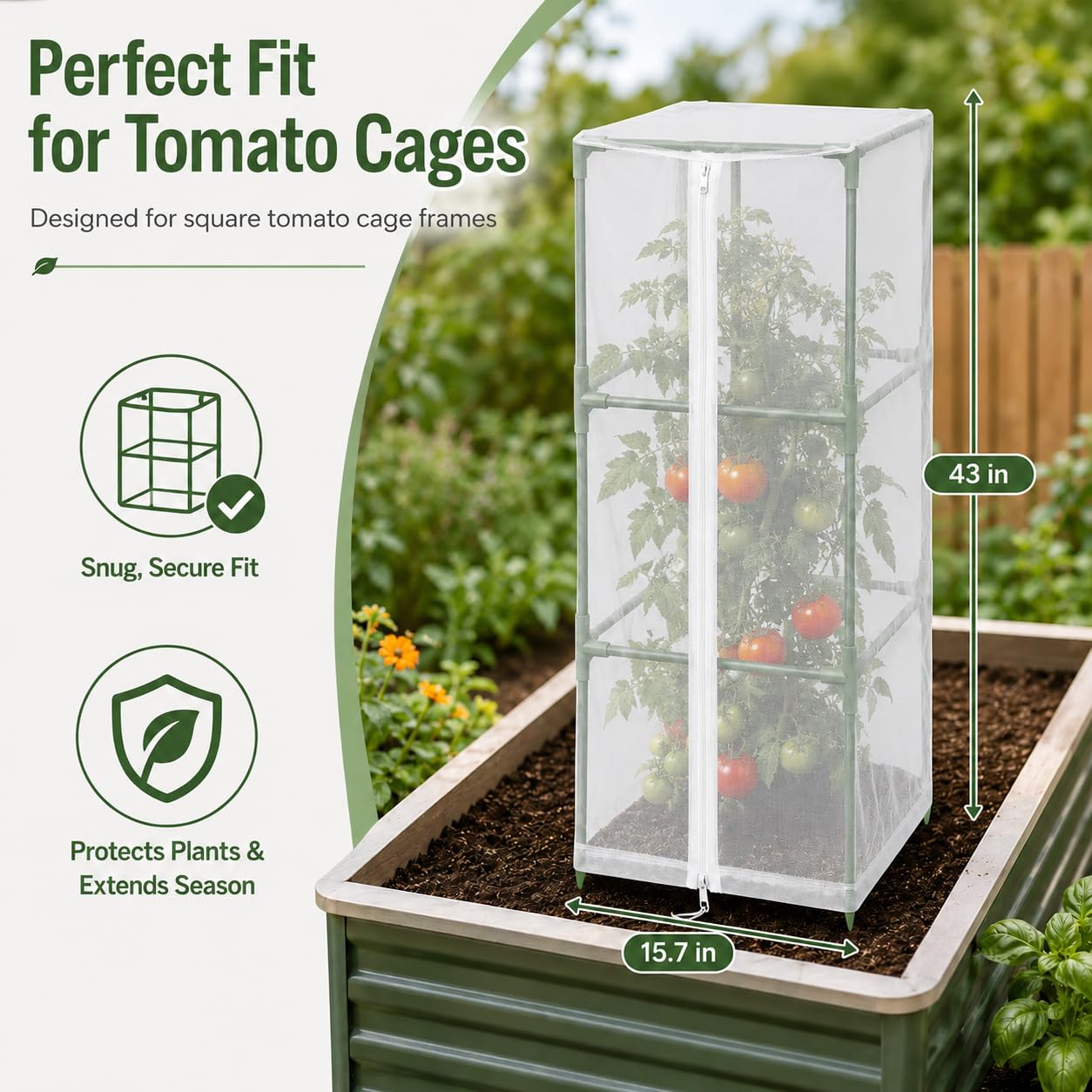 Halatool Garden Tomato Plant Cover Netting, Fits 40ā50" Tall Square Tomato Cages, Garden Bird Netting with Zipper & Drawstring, Insect Barrier, Plant Covers from Insects Animals, 2 Pack, 43"Ć15.7"