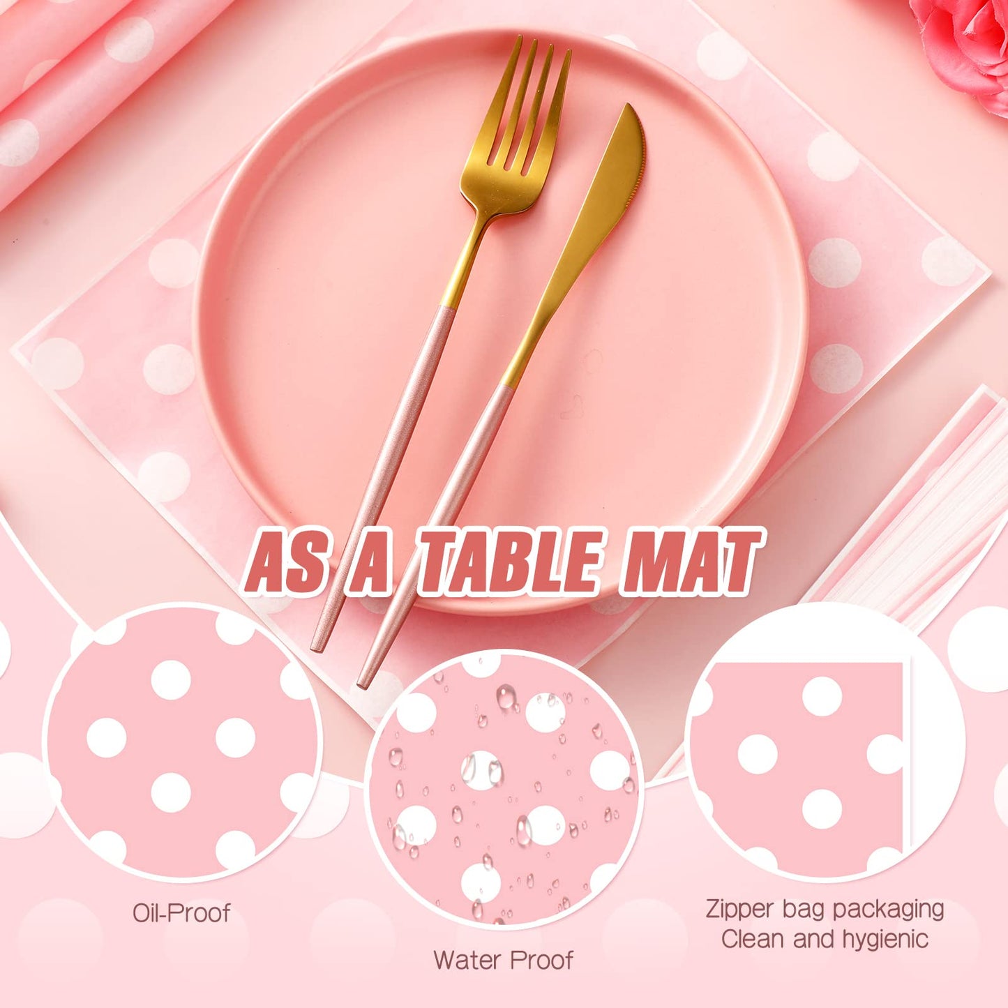 Gersoniel 150pcs Wax Paper Sheet for Food Dot Printed Bakery Tissue Greaseproof Disposable Wrapping Paper for Sandwich Food Picnic Baskets Liner Wedding Birthday Party Supplies(Pink,9.84x8.27'')