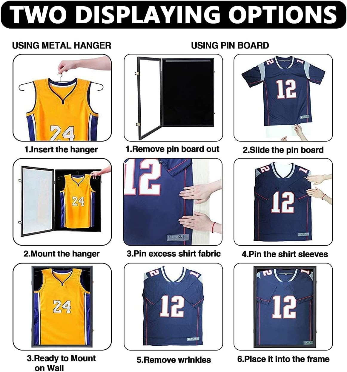 IHEIPYE Jersey Frame Display Case Shadow Box 3 Pack - Lockable with UV Protection Acrylic and Hanger for Baseball, Basketball, Football, Soccer, Hockey 2XL Sport Shirt and Uniform - Black