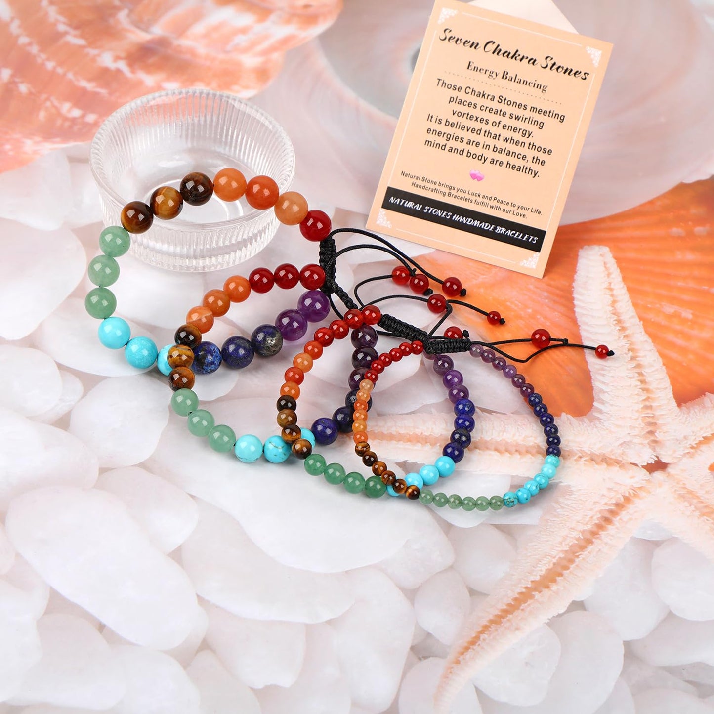 AD Beads 6mm Seven Chakra - Energy Balancing - Handmade Natural Stone Crystal Bracelet with Adjustable Macrame String - Yoga Healing Power Energy Gifts for Men and Women