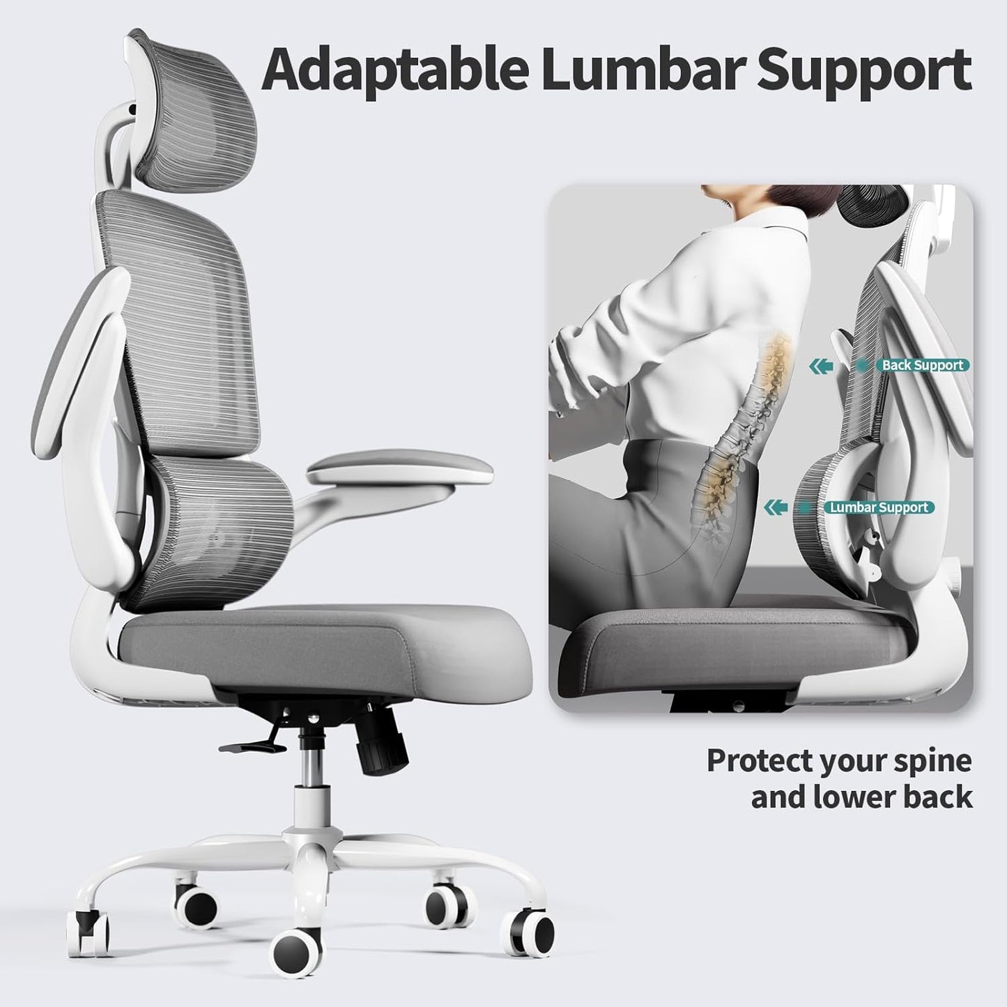 Office Chair Ergonomic Desk Chair, 330 LBS Home Mesh Office Desk Chairs with Wheels, Comfortable Gaming Chair, High Back Office Chair for Long Hours, Office Chair for Study and Work (Grey)