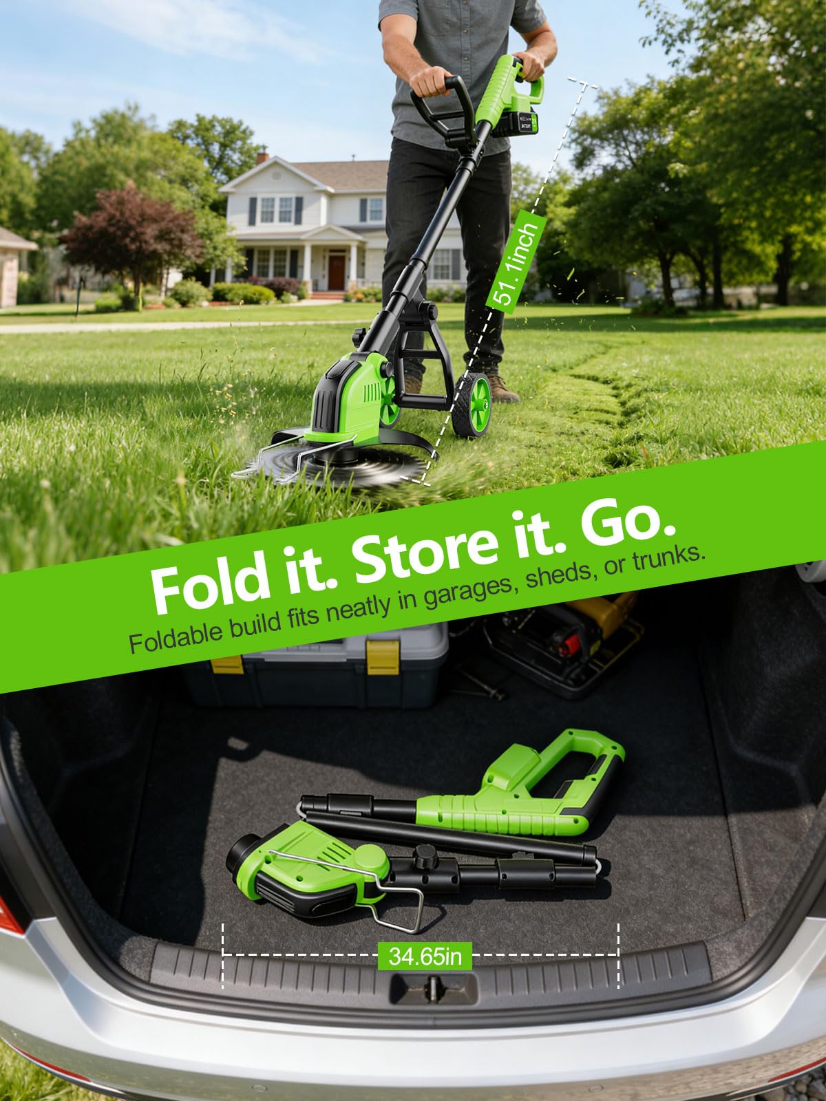 20,000RPM Cordless Electric Weed Wacker, 800W Brushless Weed Eater with Wheels, 12" 4-in-1 String Trimmer Lawn Edger Mini Lawn Mower Brush Cutter, Foldable, 21V, 2ร4.0Ah Batteries Power Display