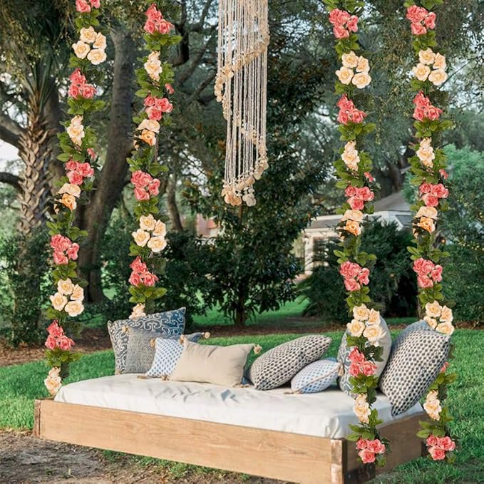 4 Pack Artificial Flower Garland Silk Roses Vines Fake Flowers Garland with Flowers Hanging Flowers Garlands for Wedding Arch Room Decoration 7.2 Ft (Orange)