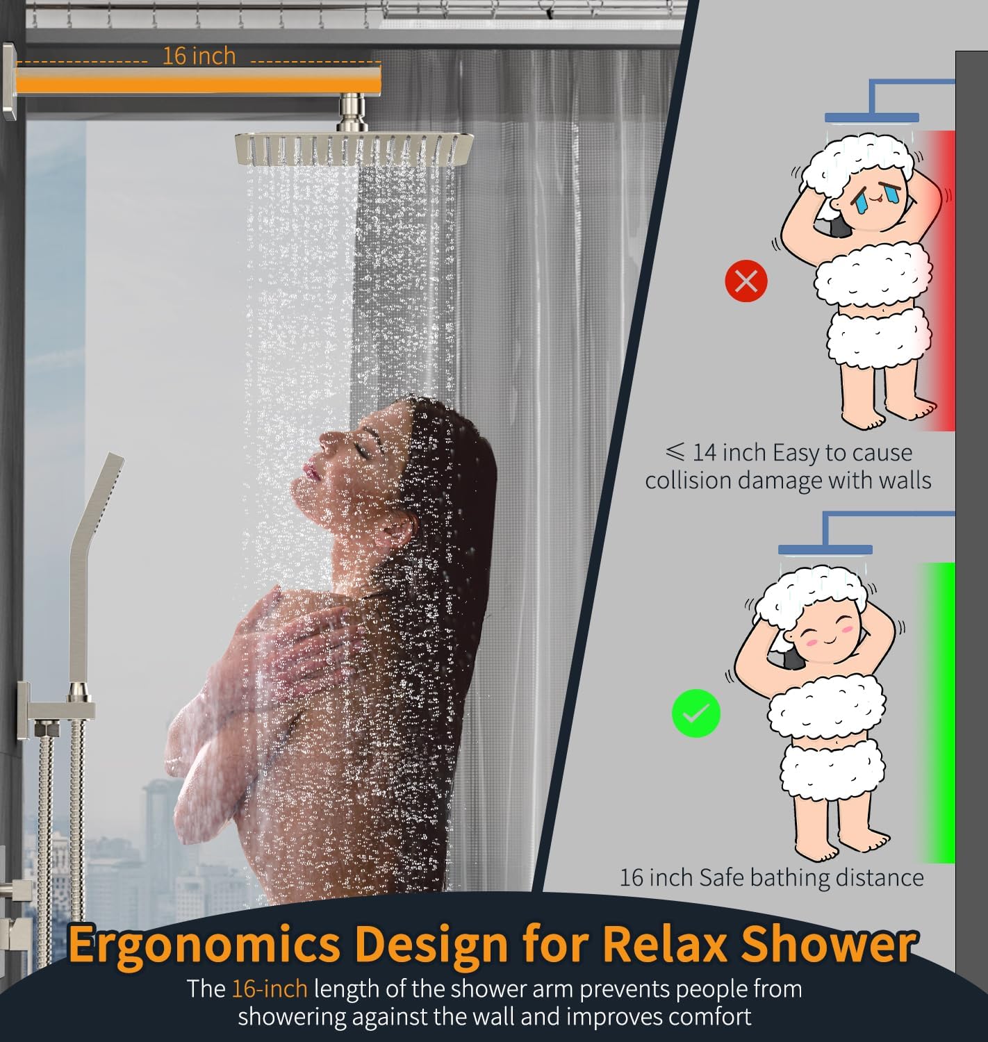 SR SUN RISE Shower Faucet - 16 Inch Rain Shower System - All Metal Shower Fixtures - Brushed Nickel
