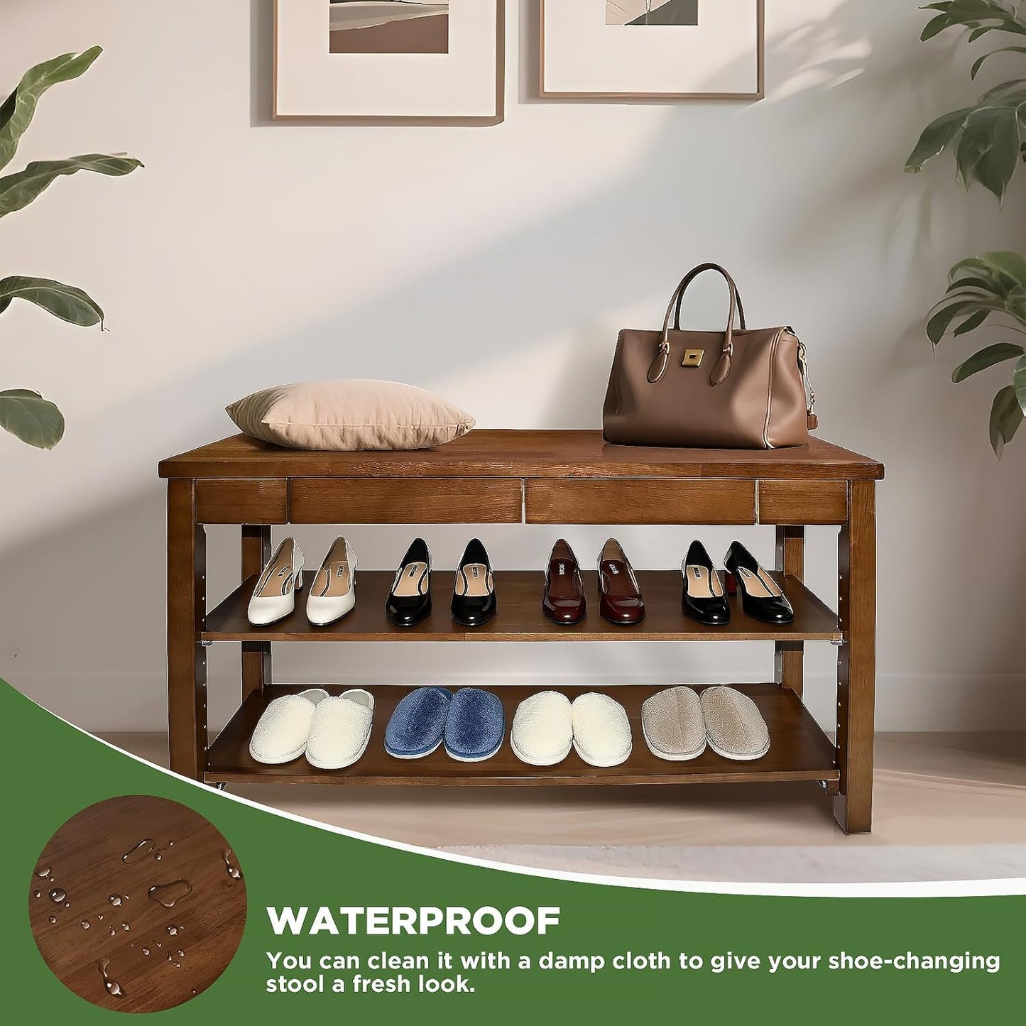 Wood Shoe Bench Entryway with Drawer: 2-Tiers Wooden Storage Shoe Rack with Bench Seat, Compact Mid-Century Modern Design for Entryway, Hallway,Closet,Front Door Entrance,Foyer Walnut 39.3"