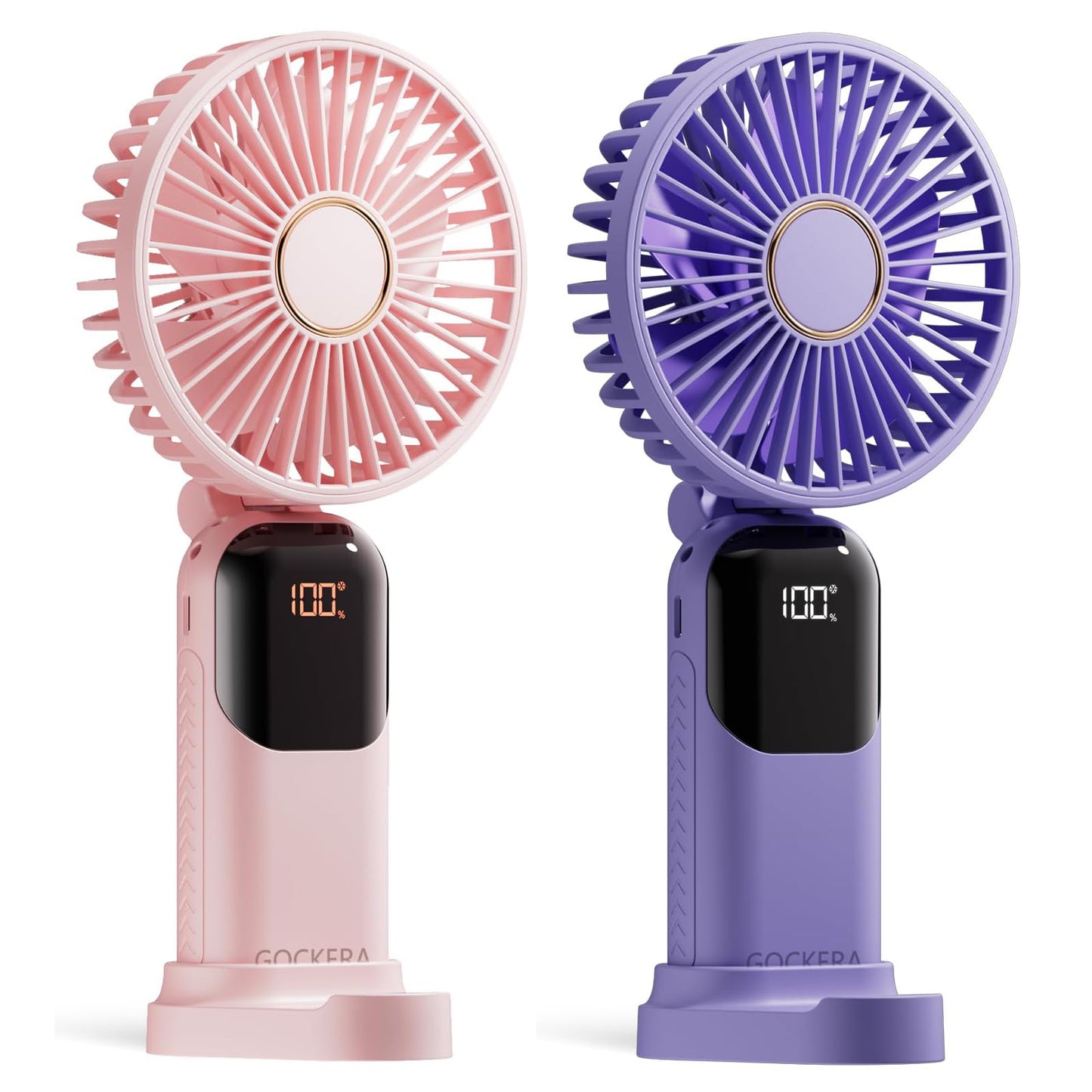 GOCKERA Portable Fan, 4200mAh Battery Operated Fan, 5 Speeds&Digital Display, Makeup Fans for Women with Base, 180Foldable 3in1