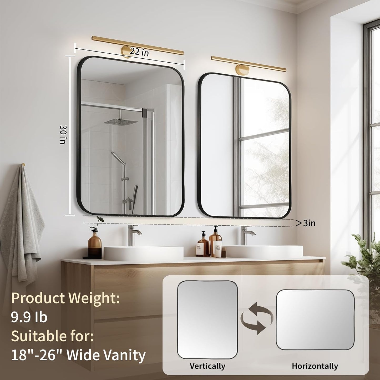 Black Bathroom Mirror, 22x30 Inch Aluminum Frame Rectangle Mirror, Anti-Rust, Tempered Glass, Wall Mirror for Over Sink, Vanity, Bedroom, Entryway, Horizontal/Vertical