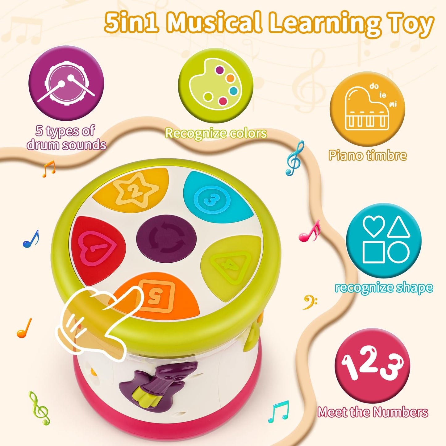 5 in 1 Baby Toy 0-6 Months Musical Early Learning Toy Drum for 1 Year Old with Light Toddler Sensory Toy for 1 2 Year Old Boy Girl Gifts