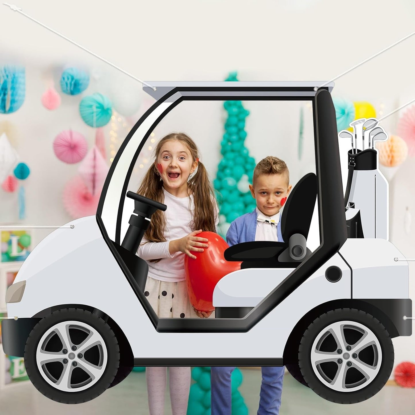 Golf Theme Party Decoration Golf Cart Shaped Photo Backdrop Let’s Par-Tee Theme Photo Booth Props Hanging Banner for Kids Adults Golfer Birthday Baby Shower Sports Retirement Party Supplies