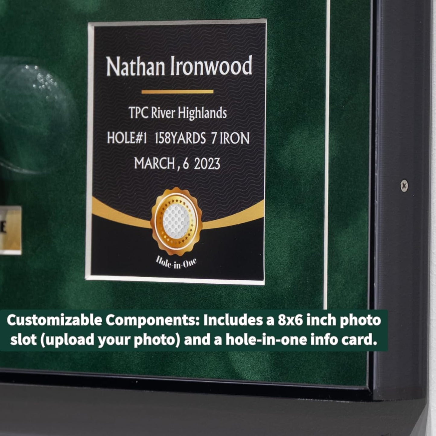 One-Shot Victory Golf Ball Display Frame – Acrylic Case with External Ball Mount, Custom Photo & Nameplate, Green Suede Mat, Elegant Golf Keepsake Gift(vertical design)