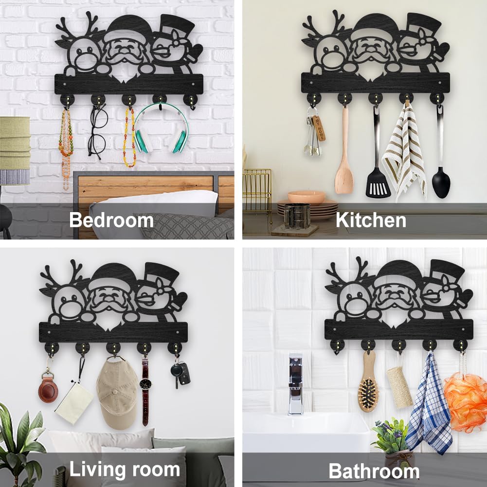 MAYJOYDIY Christmas Deer Santa Claus Snowman Coat Hooks Wood Key Holder for Wall 11.8×7.9inch Black Winter Key Hooks Rack 5 Alloy Hooks Christmas Home Decor Gifts Entryway Kitchen Bathroom Storage