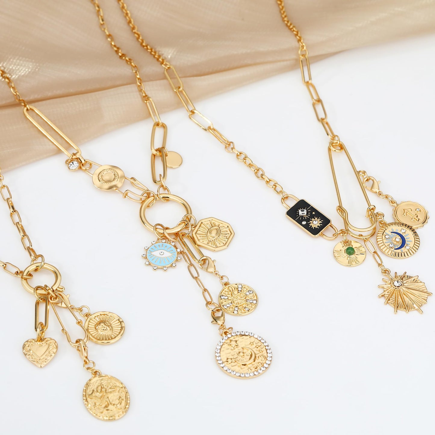 BONJOULRY Charm Necklace for Women Gold Safety Pin Necklace Tarot Card Lion Coin Heart Engraved Vintage Charms Dainty Long Paperclip Chain DIY Pendant Protection Necklace Amulet Jewelry Gifts
