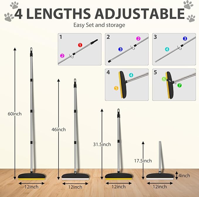 BALORAY Carpet Rake for Pet Hair Removal: 60" Adjustable Long Handle Pet Hair Removel Tool, 2 in 1 TPU and Copper Pet Hair Remover Broom, Reusable Cat Dog Hair Remover Carpet Scraper (Black)
