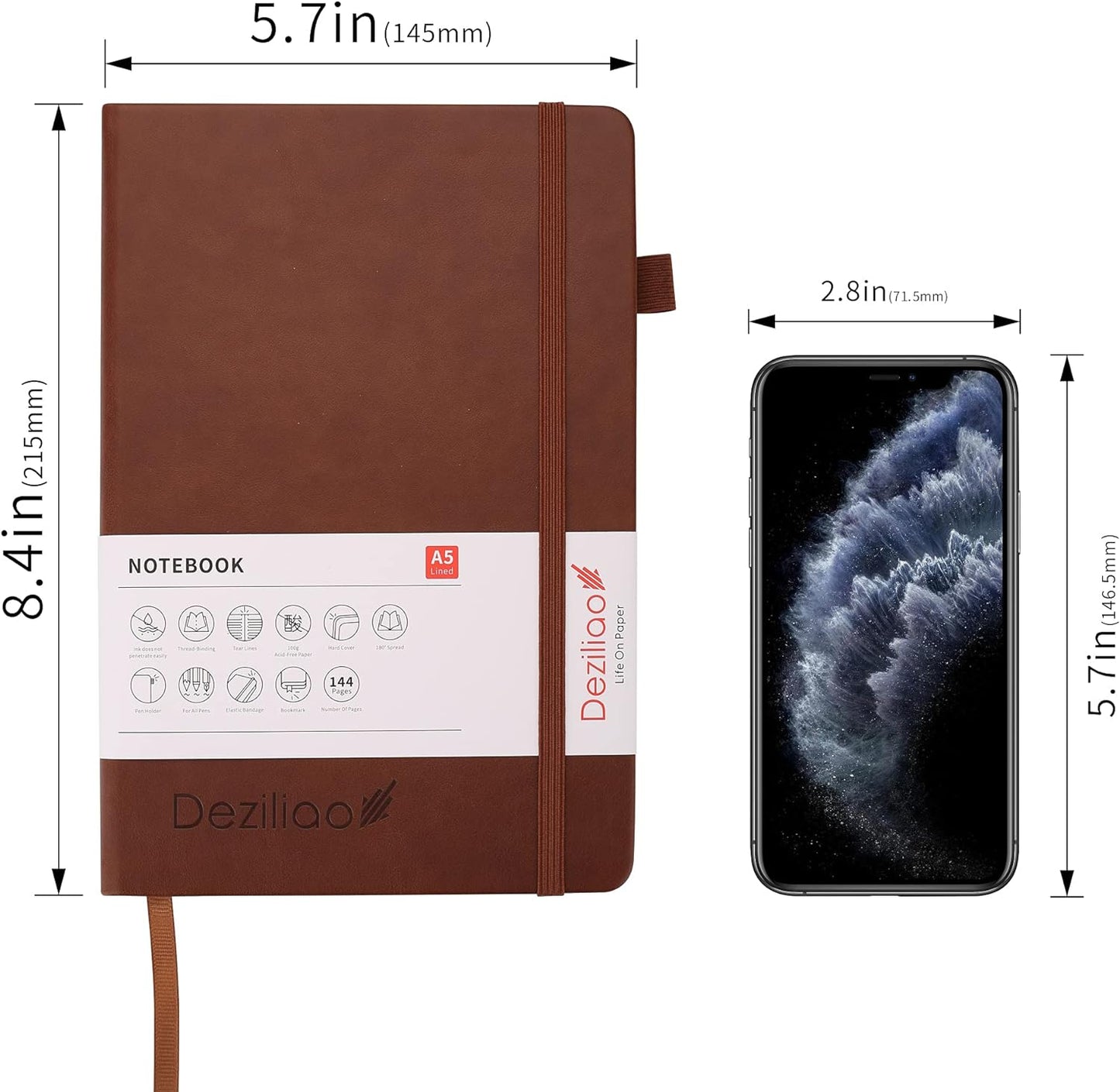 Deziliao Lined Journal Notebooks with Pen Loop, Hardcover Notebook Journal for Work, 100Gsm Premium Thick Paper with Inner Pocket, Medium 5.7"x8.4", (Brown, Ruled)