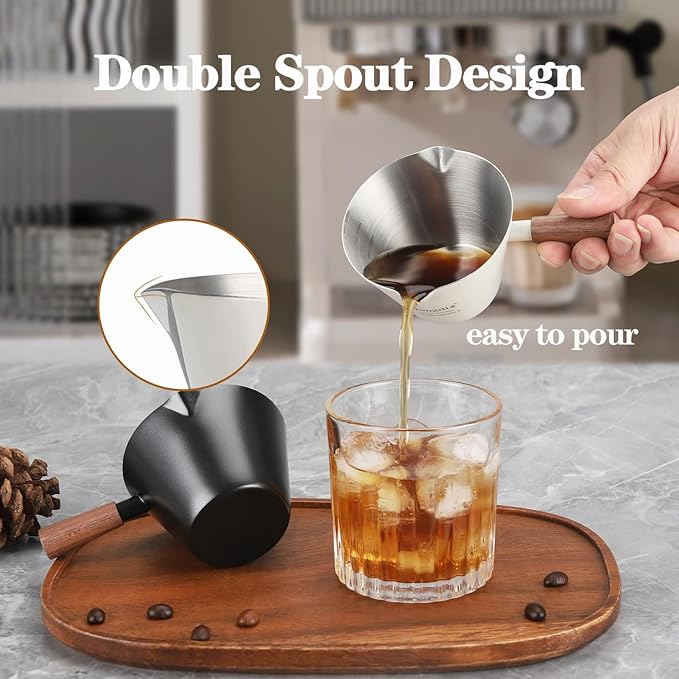 Mongdio 2 Pcs Espresso Measuring Cup, Stainless Steel Espresso Shot Cups with Wooden Handle and Double Spouts, 6.8OZ/200ML, White