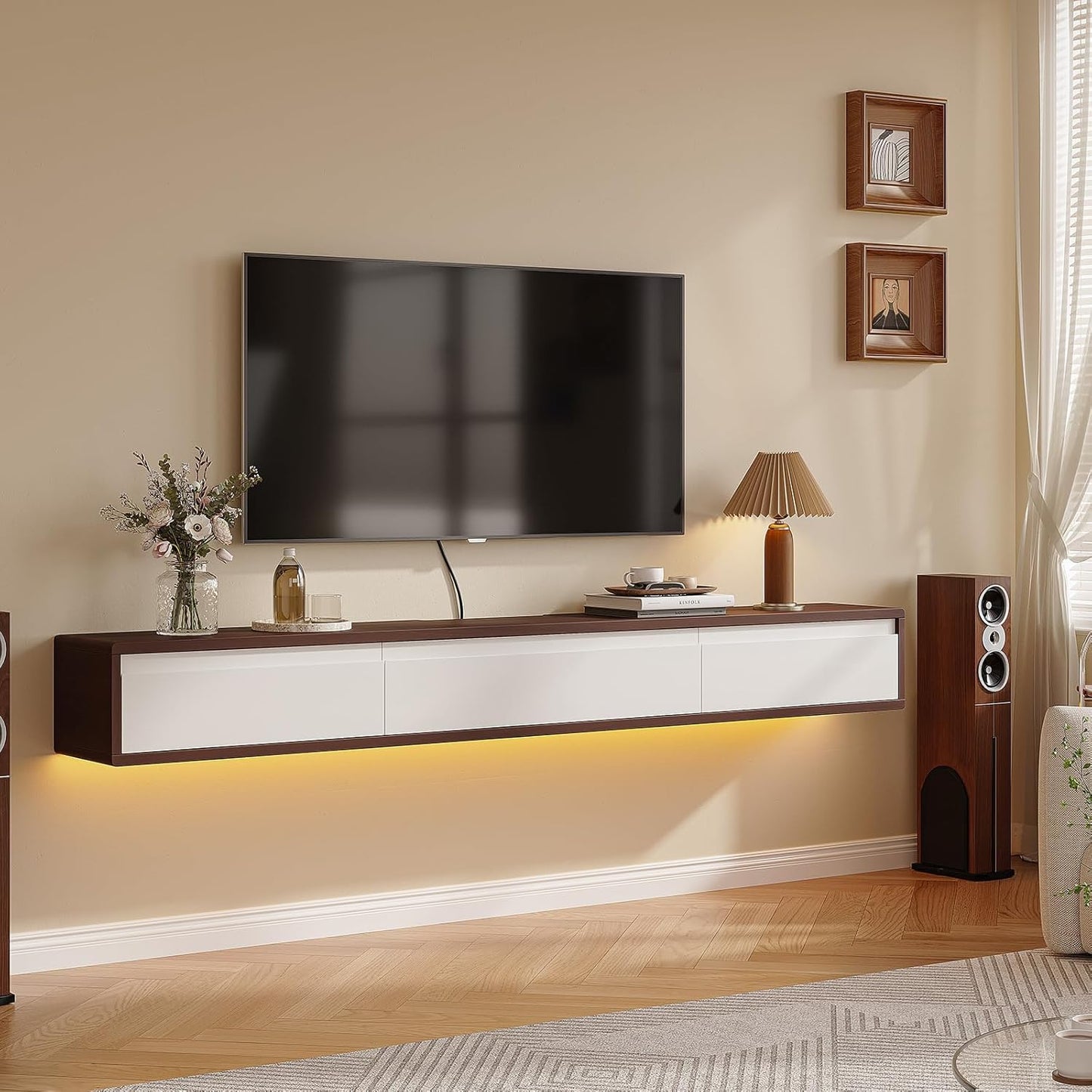 Floating TV Stand High Gloss,55'' Wall-Mounted TV Cabinet,Floating TV Console,Under TV Shelf with 3 Doors for Living Room Bedroom(Walnut+White)