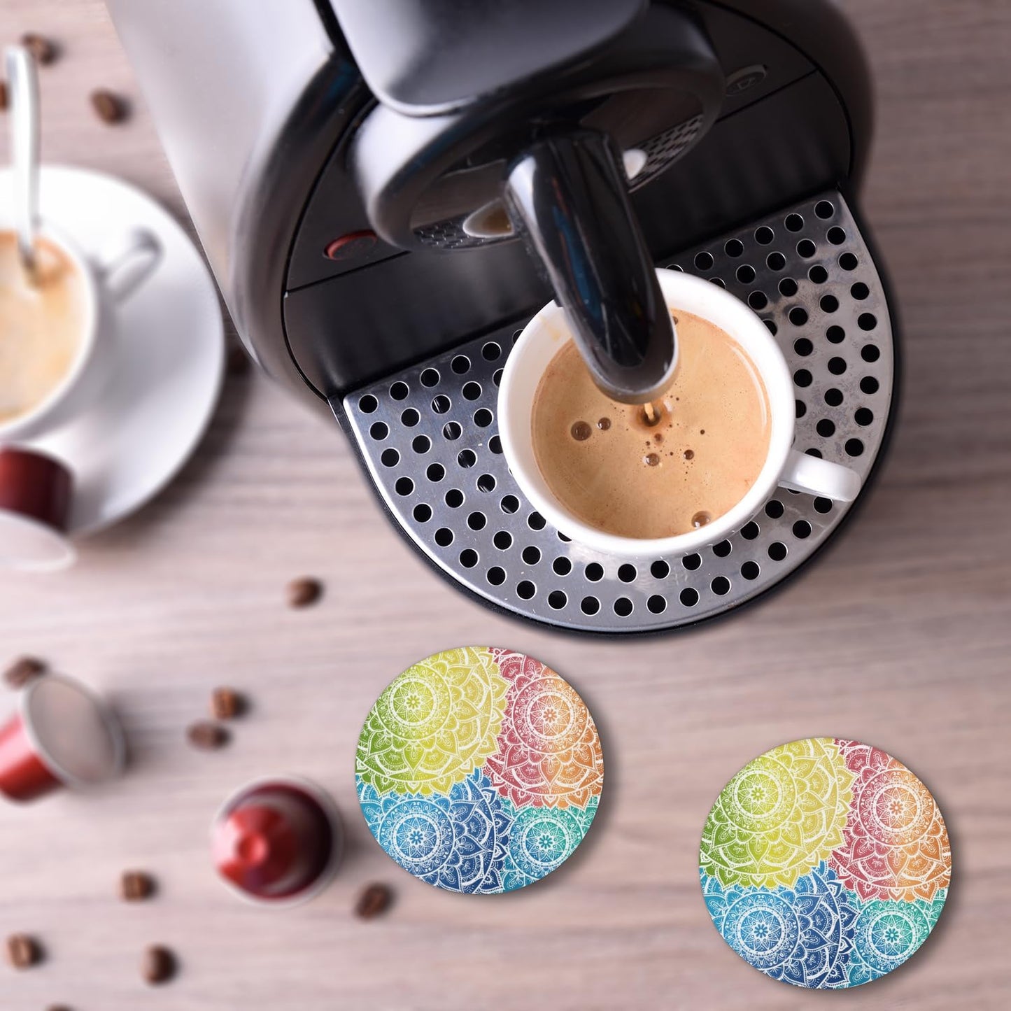 Ceramic Coasters for Drinks with Cork Back, Colorful Mandala Harmony 4 Inch Absorbent Coaster Set 2 Pack, Quick Dry Non-Slip Coaster Mats for Home, Office, Bar