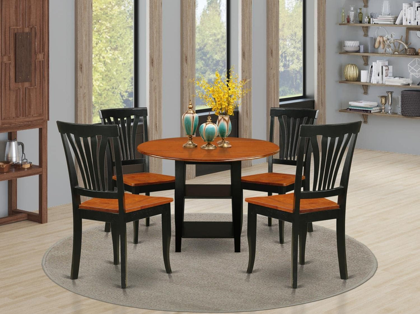 East West Furniture SUAV5-BCH-W 5 Piece Dining Room Furniture Set Includes a Round Dining Table with Dropleaf & Shelves and 4 Wood Seat Chairs, 42x42 Inch, Black & Cherry