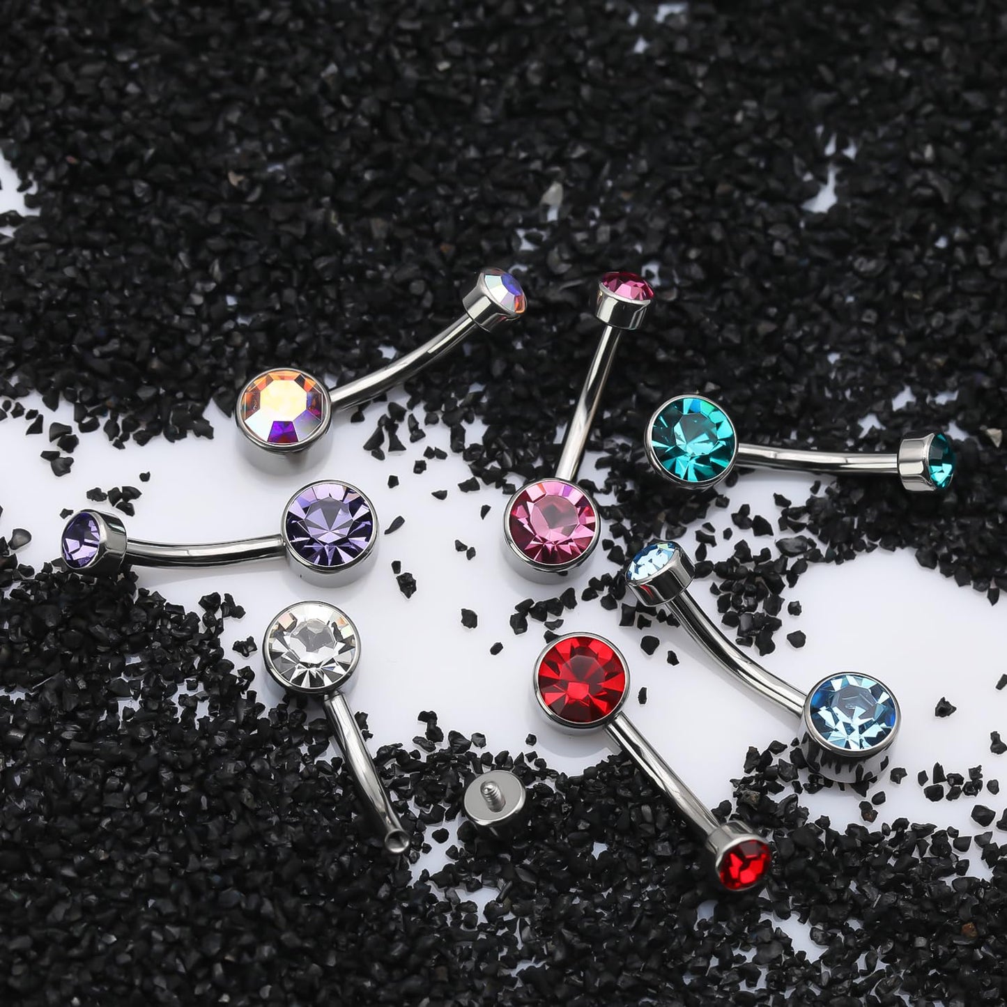 XUU Titanium Belly Button Rings, Black & Silver – 14G Internally Threaded Navel Piercing Jewelry, 10mm & 12mm Curved Barbells with 7 Colors Gems – Hypoallergenic (Silver-Ocean Blue cz, 10MM)