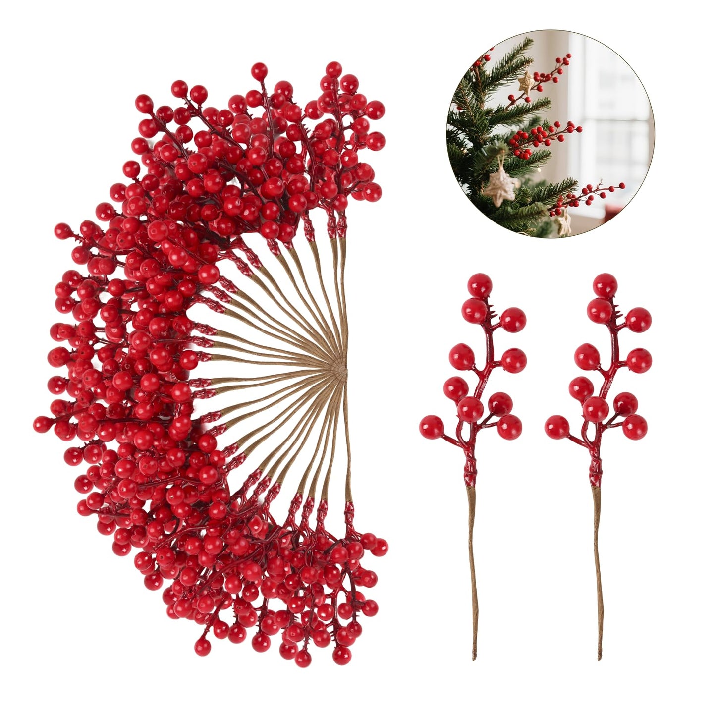 Kanxinr 50Pack Christmas Tree Decorations Artificial Berry Stems Red Berry Picks for Xmas Winter Holiday Home Centerpieces and DIY Flower Arrangements Ornaments