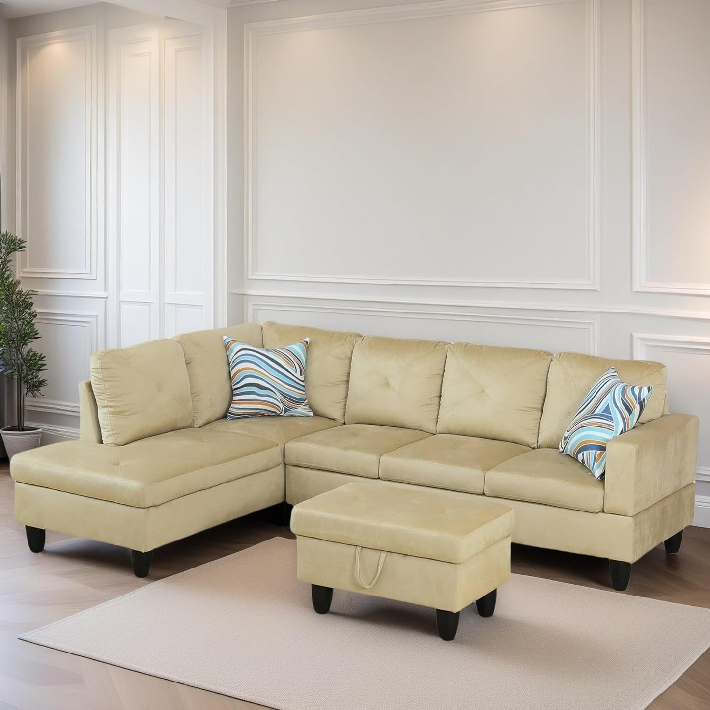 L Shaped Sectional Couch Sofa, Modern Couches for Living Room, Comfy 4 Seat Modular Sectional Sofa with Ottoman Storage for Bedroom Apartment, Beige