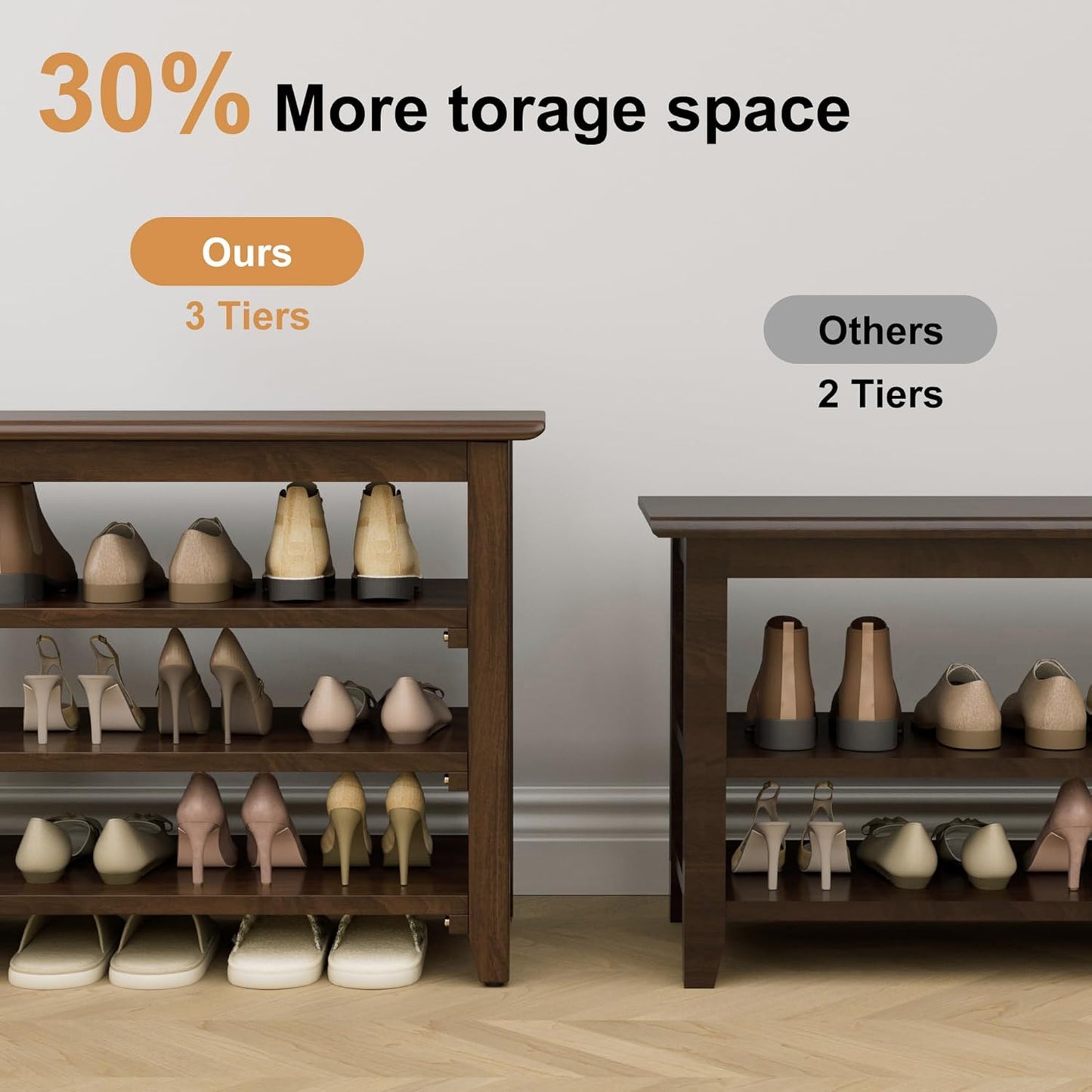 Wooden Storage Shoe Bench, Entryway Bench with 3-Tiers Height Adjustable, Shoe Rack Front Doors Entrances for Hallway Living Room,Mudrooms (Brown,47.2")