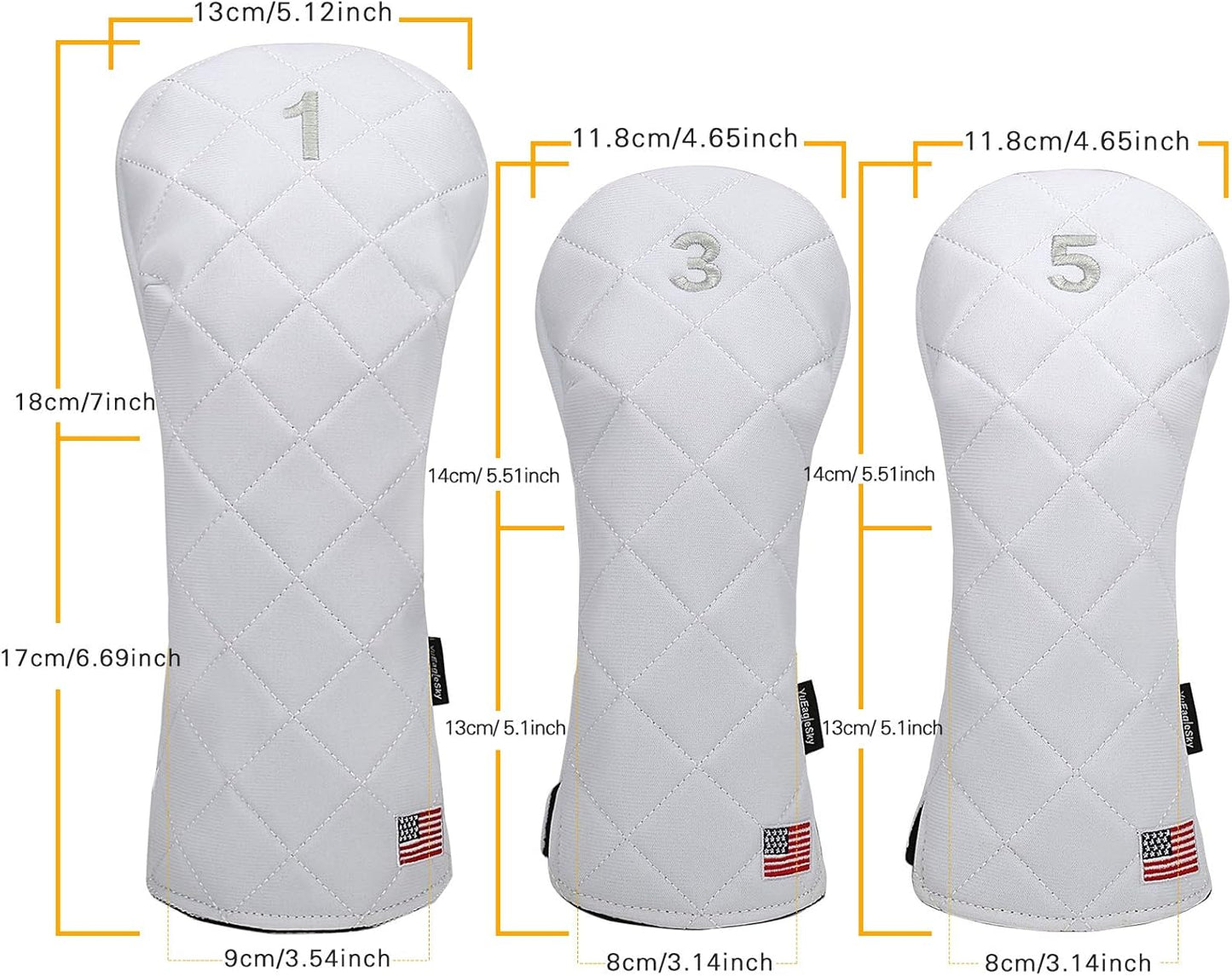 Golf Head Covers Driver Fairway #3#5 Hybrid USA Flag for Club Men Women, (Black or White)