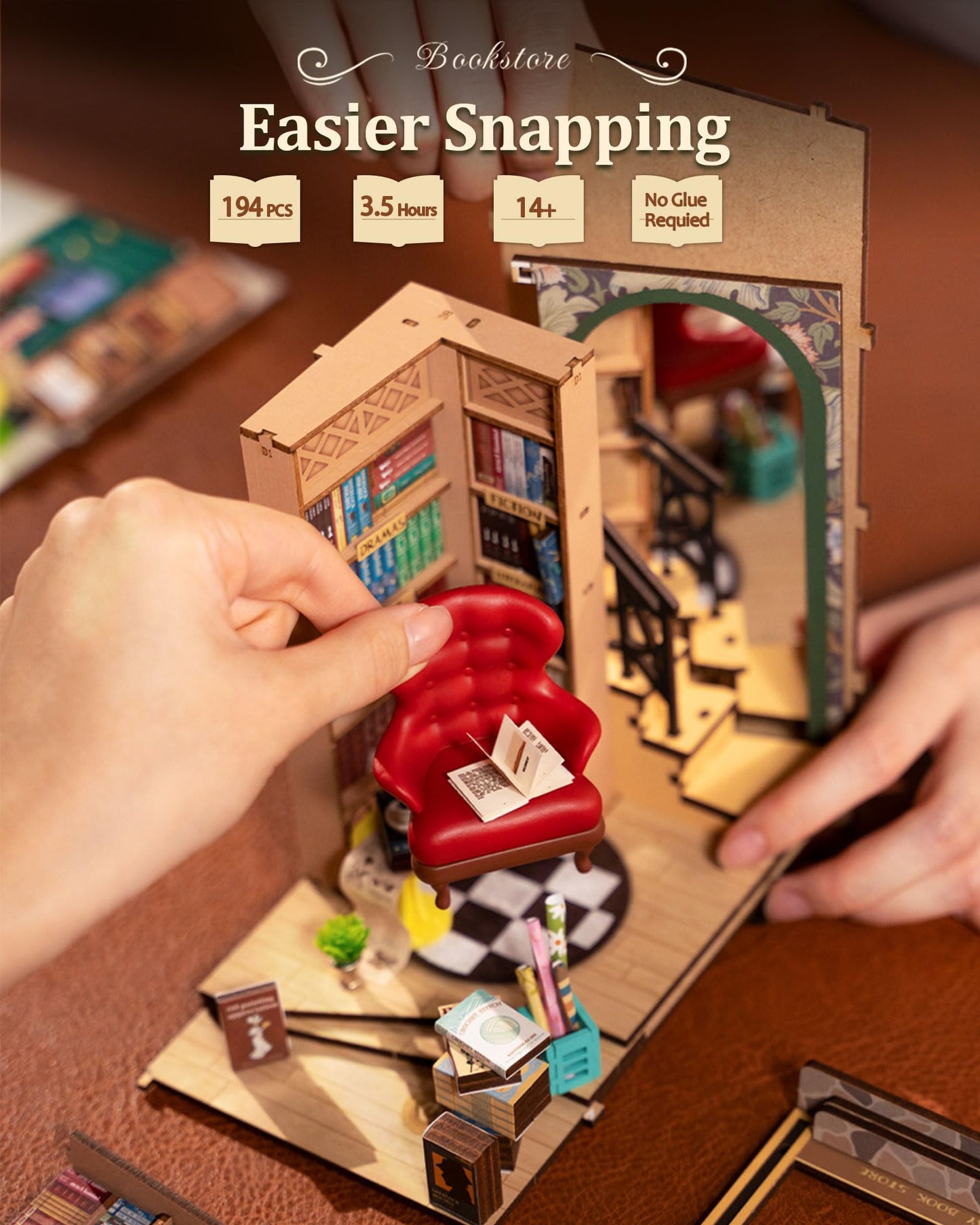 Rolife DIY Book Nook Kit 3D Wooden Puzzles for Adults 8.6" Bookstore Miniature House Kit Booknook Bookshelf Insert Decor Craft Kits Family Project Gifts for Adults Women Men