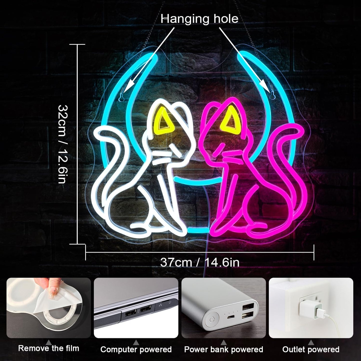 Wlhope Neon Cat Sign Moon Cat Neon Signs For Wall Decor Moon Led Wall Sign Light Led Signs For Bedroom Game Room Party Bar Man Cave Club Decoration Cat Lovers Gifts