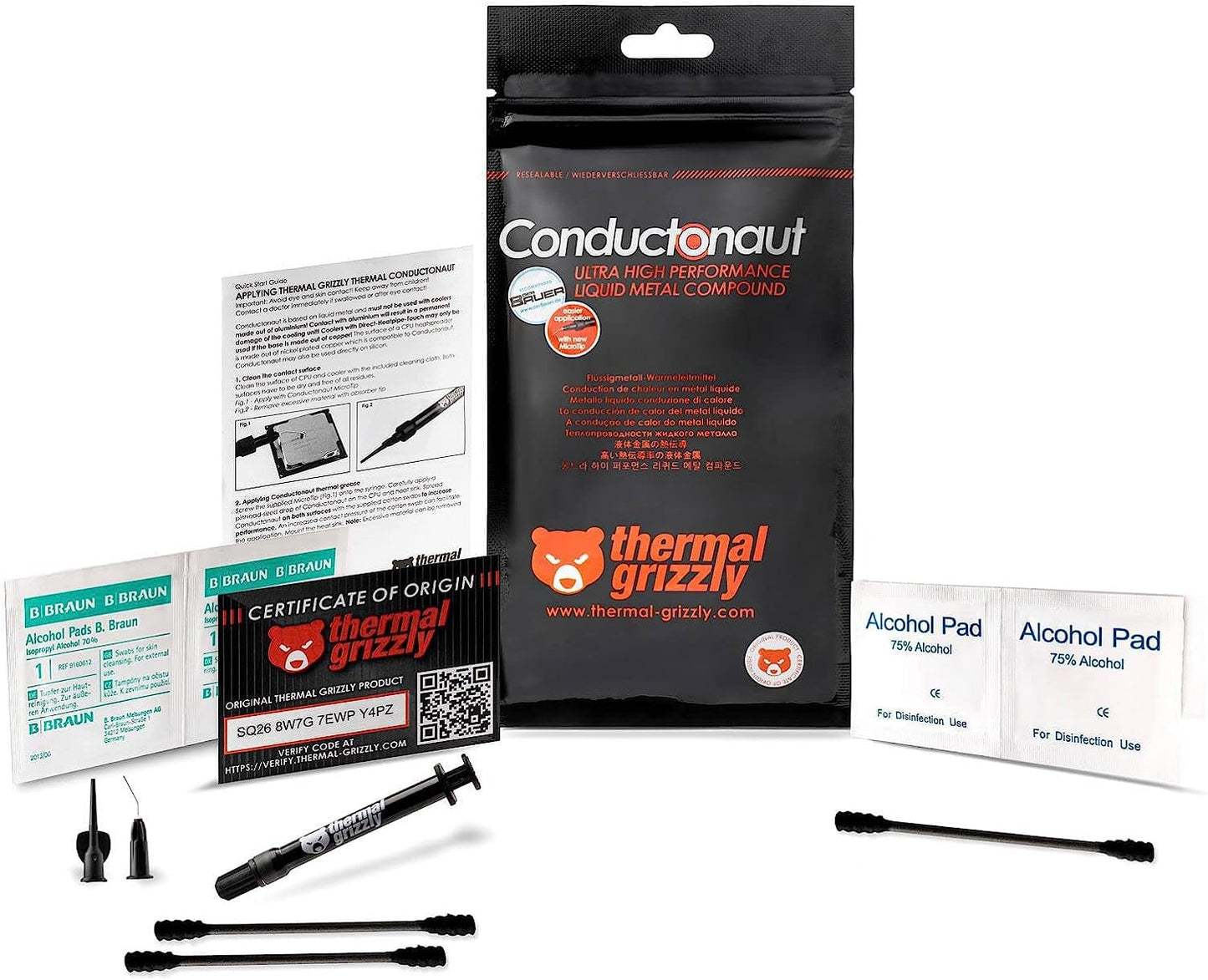 Thermal Grizzly Conductonaut Thermal Grease - 1Gram Set + Extra Applicators - Liquid Metal Thermal Paste for Cooling The CPU GPU (Conductonaut) (1g Combo)-New