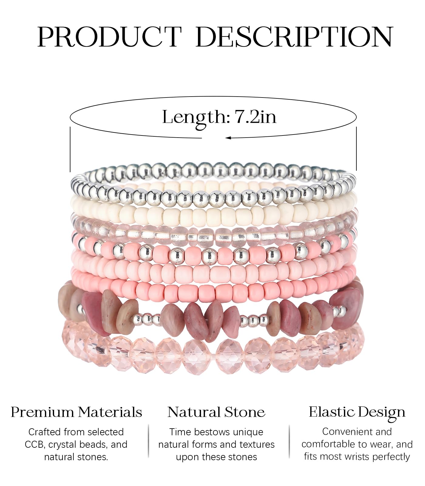 Noessla Boho Beaded Bracelets for Women Stackable Irregular Natural Stone Bead Stretch Bracelet Set 8PCS Costume Jewelry Gifts for Her(Pink)