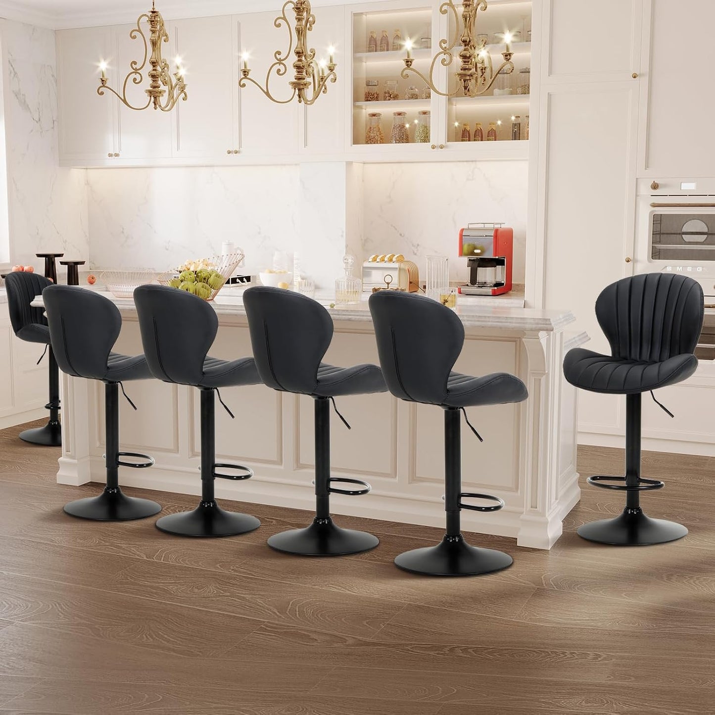 COLAMY Bar Stools Set of 3, Modern Swivel Bar Chairs, Adjustable Faux Leather Upholstered Barstools Counter Height with High Backrest for Bar, Kitchen Island, Dining Room, Black