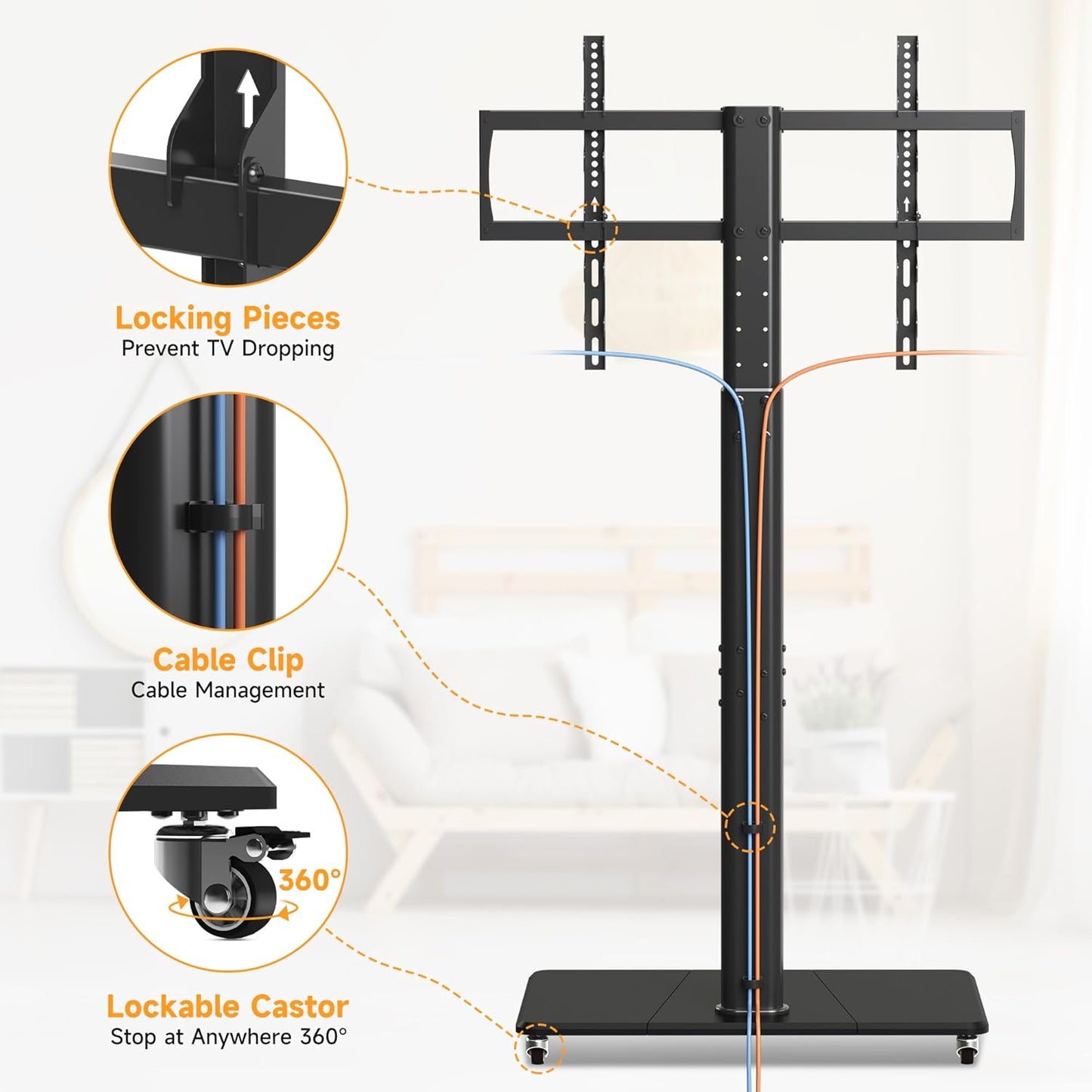 Tall Floor TV Stand for 32-75" TV Portable Rolling TV Cart with Wheels Height Adjustable with Wood Base, Holds up to 88 lbs, Max VESA 600x400mm TS005HB