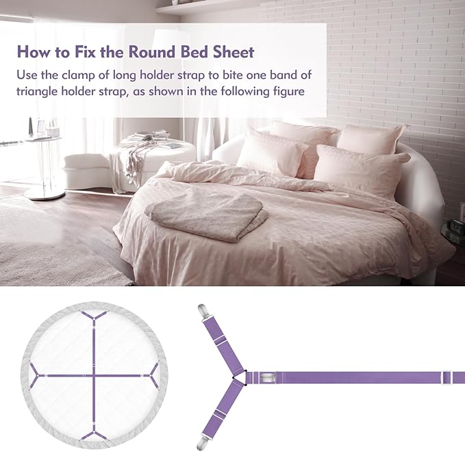 Bed Sheet Holder Straps, 4+2 Pcs Adjustable Mattress Sheet Clips, Bed Sheet Fasteners Elastic Sheet Suspenders to Keep Bed Sheet in Place for Different Beds (Purple)