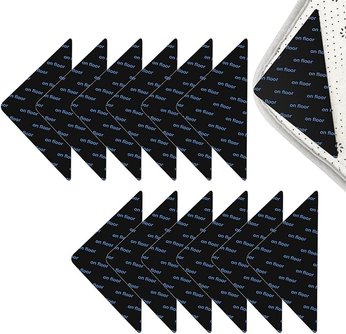 Rug Stickers for Wood Floor - Double-Sided Grippers 12PCS Triangle Carpet Stickers | Washable Non-Slip Carpets Corner Tape, Strong Rugs Fixing Pads for Hardwood Floor Area Rugs, Reusable Carpet Grip