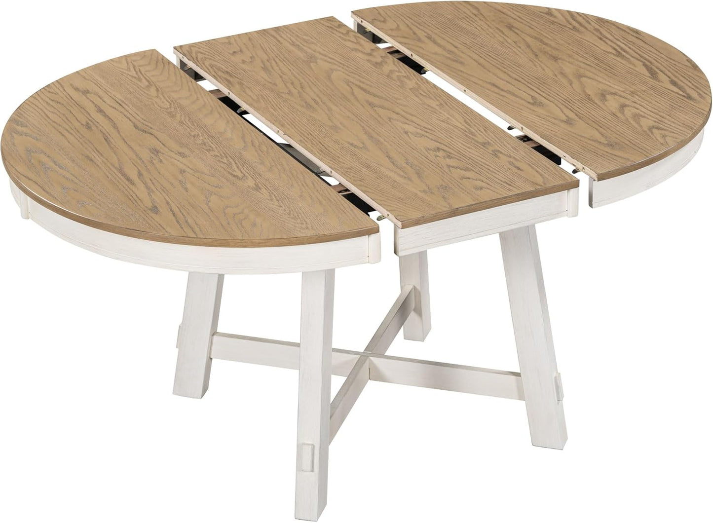 Farmhouse Round Dining Table for 4, Extendable Circle to Oval Wooden Tabletop for 6 with 16" Removable Leaf, X-Shape Trestle Base for Home, Kitchen, Dining/Living Room, Apartment