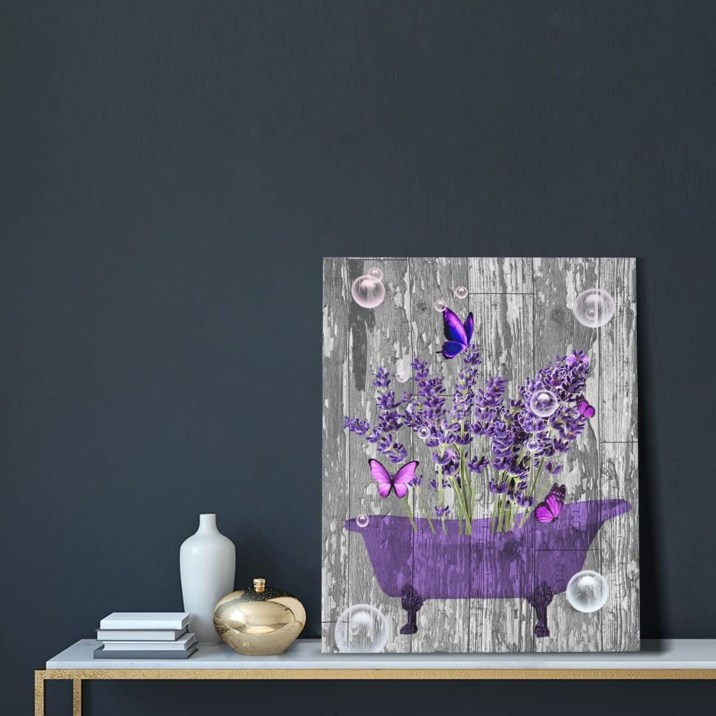 Lavender Bathroom Decor Wall Art Purple Farmhouse Bathroom Pictures for Wall Rustic Butterfly Bathtub Artwork Vintage Country Bathroom Grey White Painting Framed Bath Laundry Decorations 16"x24"