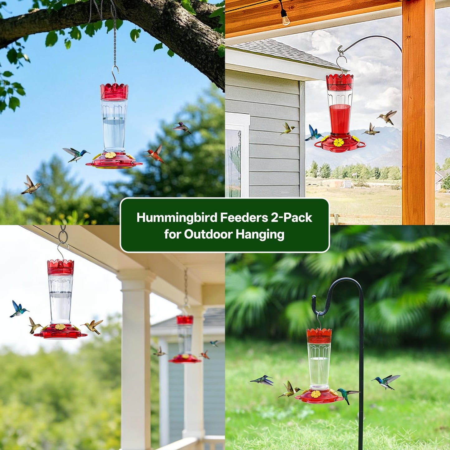 TOP XIAN Plastic Hummingbird Feeder, 2-Pack 14 OZ Ant & Bee Proof Hummingbird Feeders for Outdoors Hanging, Leak-Proof Nectar Feeders with 4 Feeding Ports and Perches, Gifts for Mom, Birdlovers