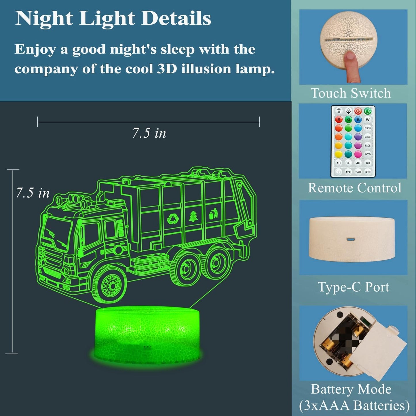 Garbage Truck Night Light, Garbage Truck Car Gifts, Sanitation Truck 3D Illusion Lamp with 16 Colors Changing, Timer, 4 Flash Modes and Dimmable, Kids Boys Girls Room Decoration, Holiday Xmas Gifts