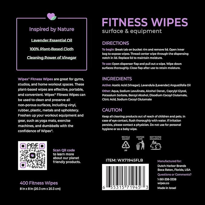 Wipex Gym Wipes – Natural Fitness Equipment Wipes, Plant-Based Cloth - Lavender & Vinegar to Clean Surfaces, Safe Yoga Mat Cleaner, All Purpose Gym Cleaner, Peloton Bikes, 400 Count (2 Pk)