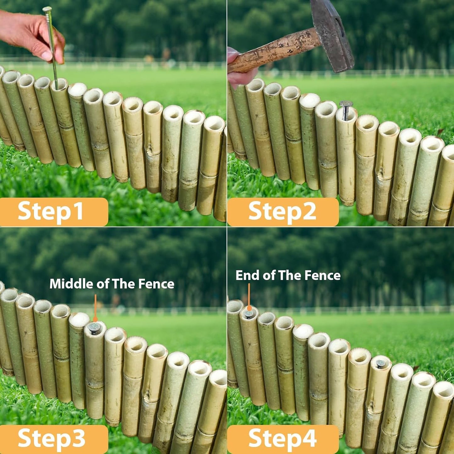Jollybower 8x39IN Natural Bamboo Edging, Bamboo Garden Border Edging, Outdoor Landscape Edging for Decorative Garden, Patio Flower Garden Bed, Lawn, Yard, Pool Fences(1Pc with 3 Short Poles)