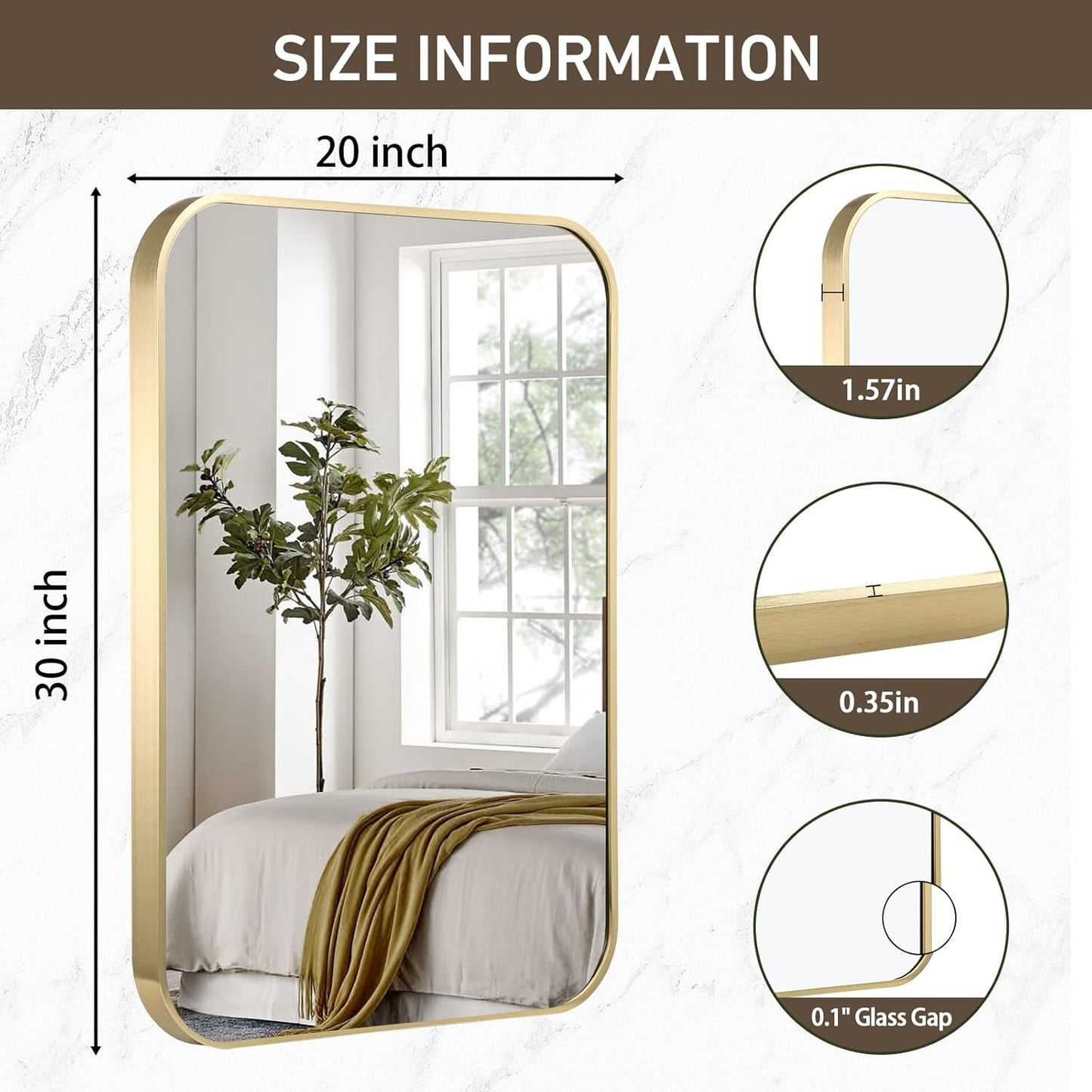 Gold Bathroom Mirror, 20x30 Inch Brushed Gold Mirror, Aluminum Alloy Framed Rectangle Bathroom Mirror for Over Sink, Anti-Rust Wall Mirror (Horizontally or Vertically)