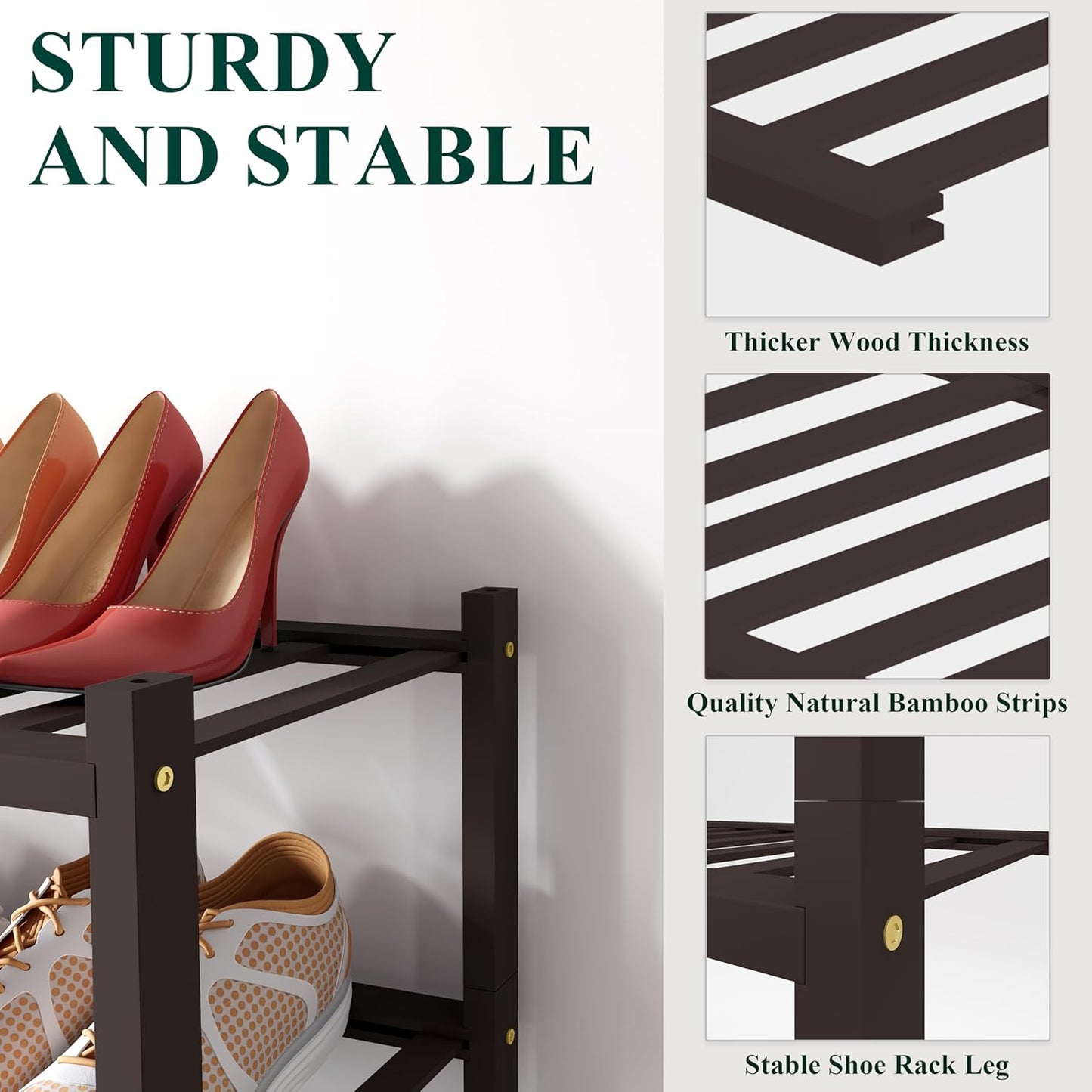 Smiry Shoe Rack, 3 Tier Long Bamboo Shoe Organizer, Stackable Free Standing Wooden Shoe Storage Shelf for Closet, Entryway, Front Door Entrance, Brown