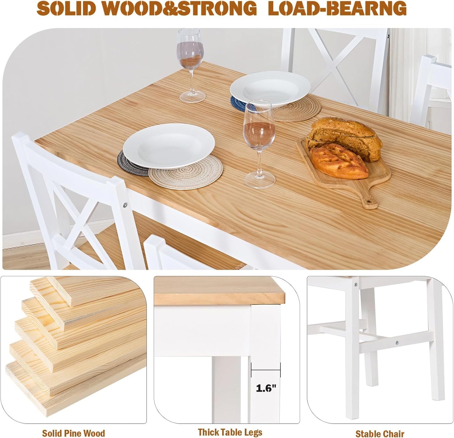 soges Dining Table Set for 4, 42.5 inch Pine Wood Dining Room Table with 4 Chairs, 5-Piece Kitchen Table Chairs Set for Small Space, Apartment, Dinette, Breakfast, White and White