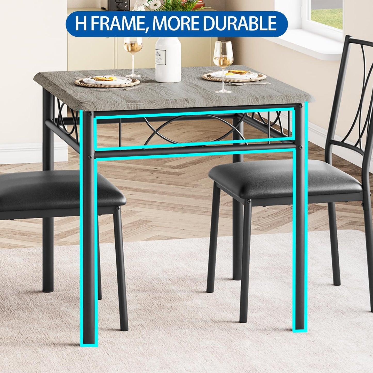 IDEALHOUSE Dining Table Set for 2, Square Dinner Table Sets with 2 Upholstered Chairs, Small Kitchen Table and Chairs for 2, Corner Dining Room Table Set for Apartment, Small Space, Dinner, Retro Gray