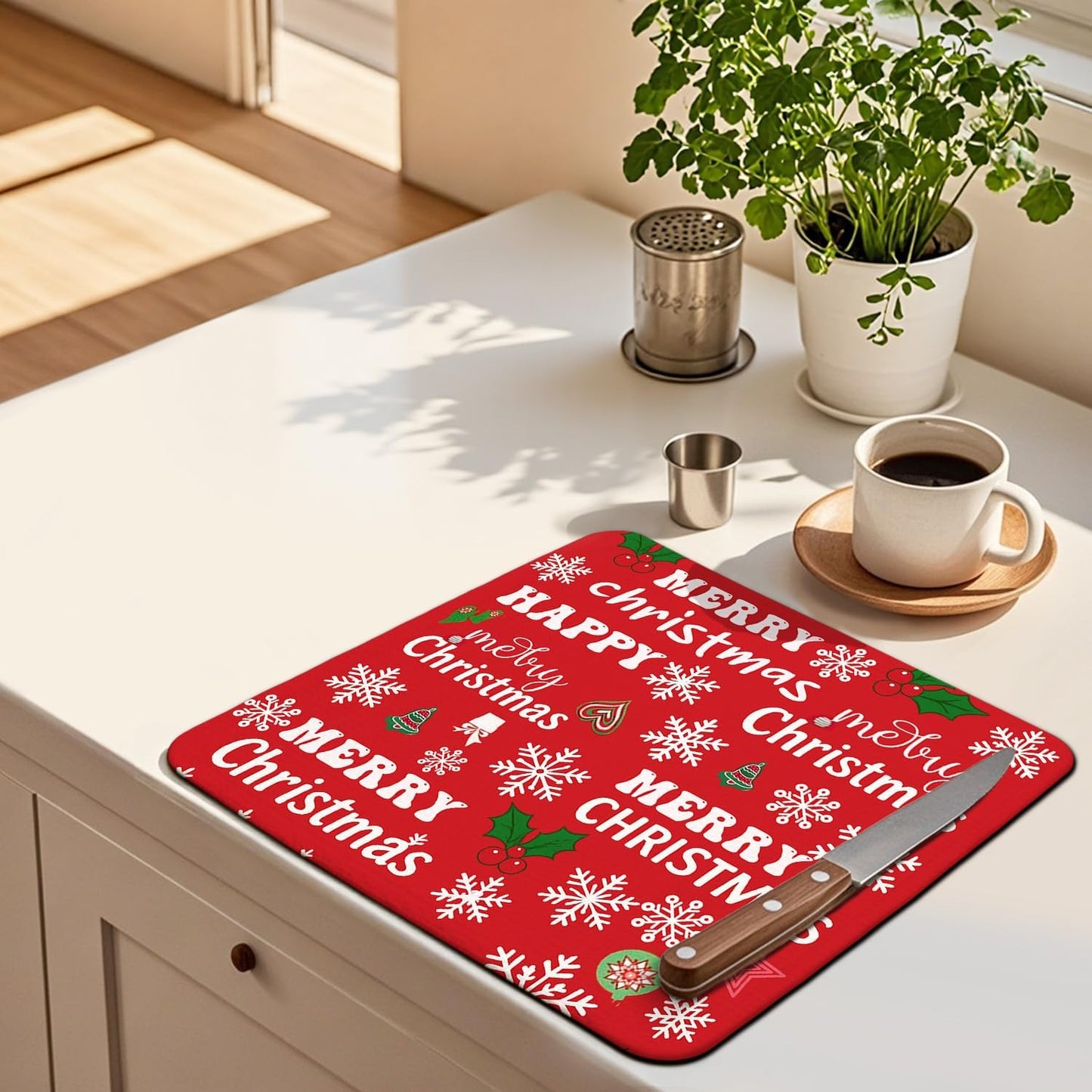 Red Christmas Drying Mat for Kitchen Counter 18" X 24" Christmas Dish Drying Mat for Kitchen Decor Red Xmas Drying Mats For Home Counter Drying Mats For Dishes Dish Mat Drying Mat