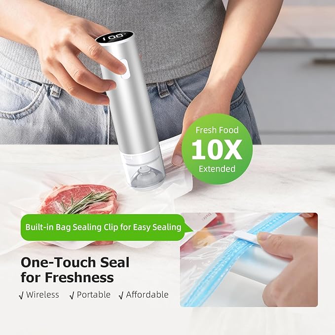 INKBIRD Compact Vacuum Sealer for Food, 6-In-1 Powerful Handheld Vacuum Sealer Machine+10 Reusable Sous Vide Bags+ 4 Reusable Jar Lids, Seal Meal 10X Fresh, Wireless & Portable & Rechargeable