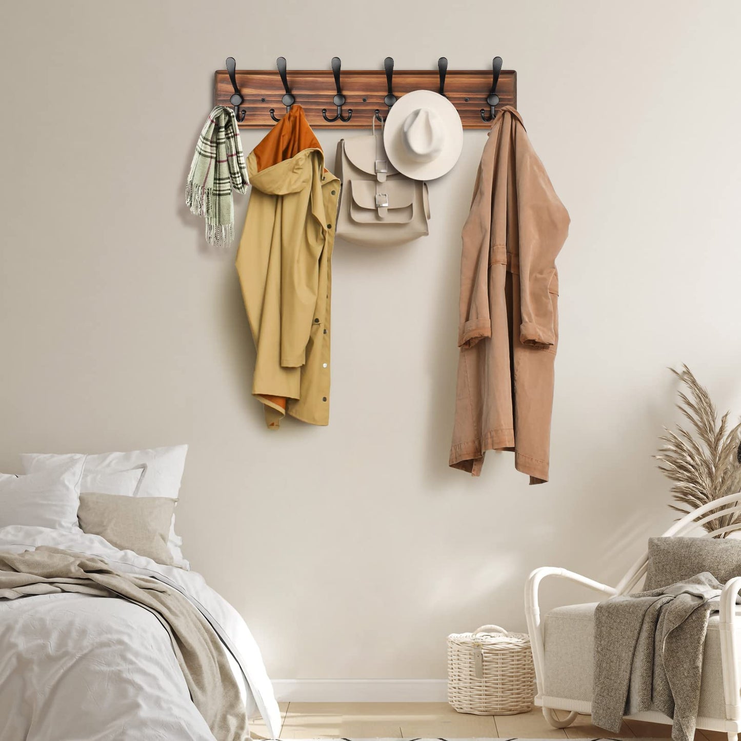 PHINGEER Coat Rack Wall Mount, Wooden Heavy Duty Coat Rack for Wall,6 Triple Coat Hanger Hooks for Hanging Coats,Jacket,Hat,Clothes (Brown, 6 Hooks)