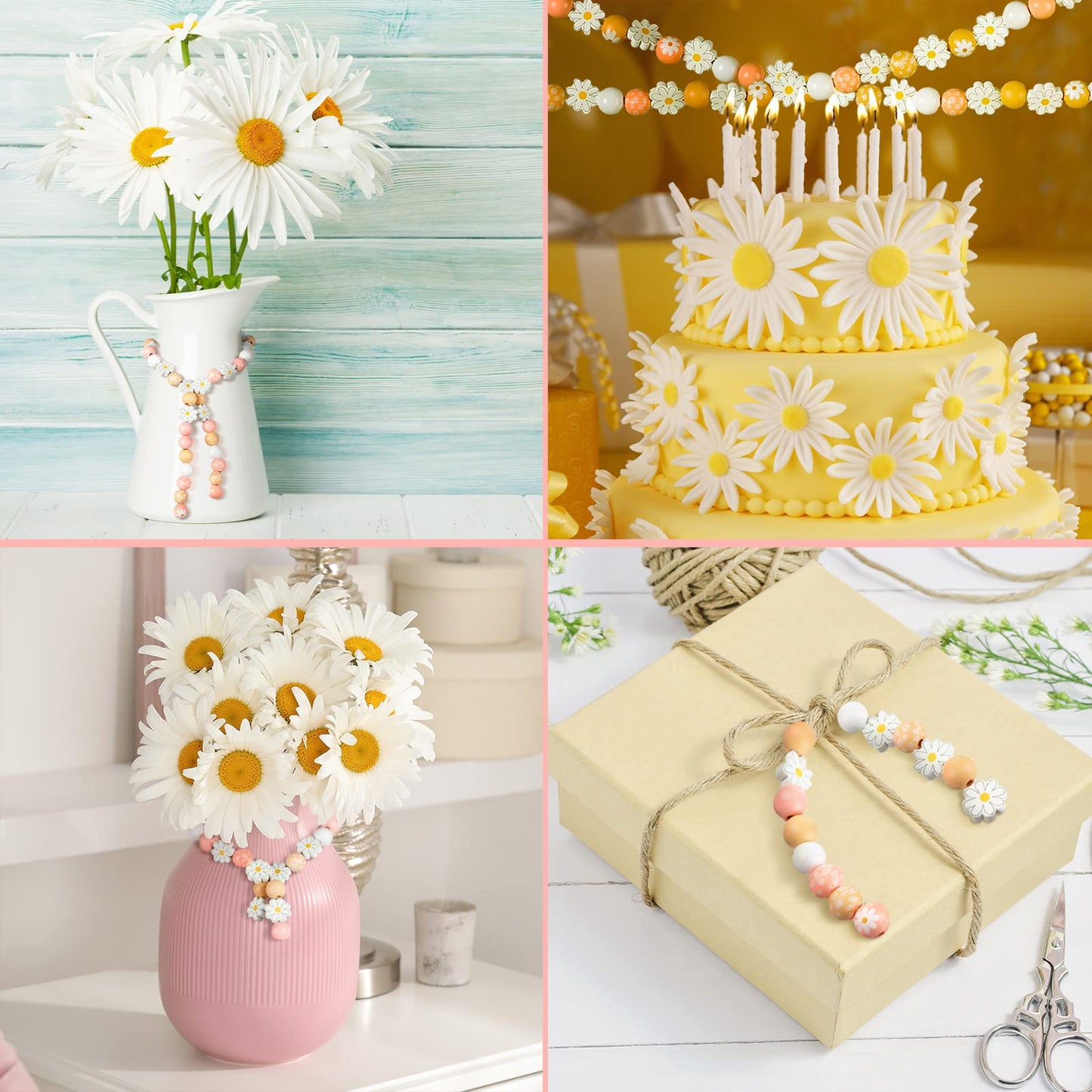 Buryeah 200 Pcs Daisy Flower Wooden Beads Set 16mm Daisy Round Beads 20mm Rustic Farmhouse Colorful Floral Printed Charms for Spring Summer DIY Crafts Jewelry Garland Keychain Making