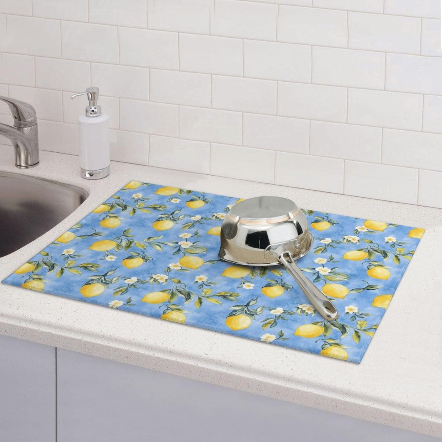 Dish Drying Mat for Kitchen Blue Watercolor Lemon Flower Counter Absorbent Dishes Drainer Microfiber Large 18x24 Inch